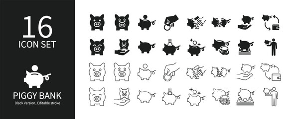 Icon set related to piggy bank