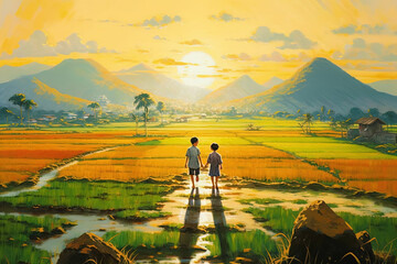 Obraz na płótnie Canvas Watercolor painting in summer day in rural countryside and town of Vietnam, children, having fun