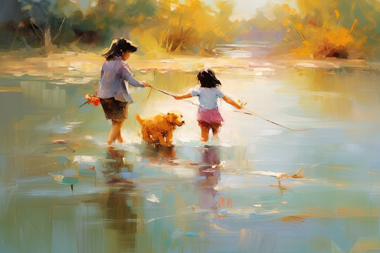 Watercolor painting in summer day in rural countryside and town of Vietnam, children, having fun