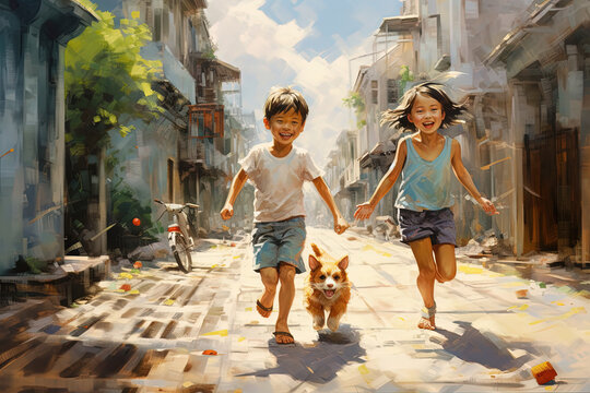Watercolor painting in summer day in rural countryside and town of Vietnam, children, having fun
