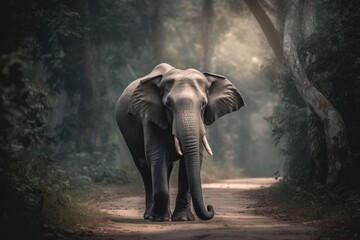 Fototapeta premium an elephant strolling along a path in a lush forest Generative AI