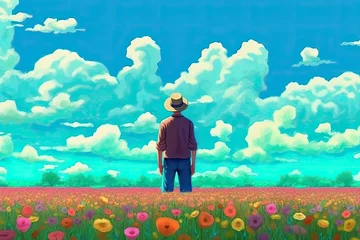 Deurstickers man standing in a colorful field of wildflowers Generative AI © AkuAku