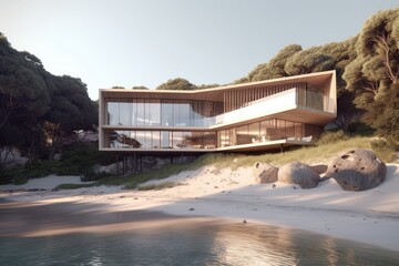 Beautiful Beach House on the Shoreline Generative AI