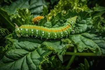 Obraz premium vibrant green and yellow caterpillar perched atop a fresh, green leaf Generative AI
