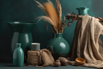 table set with decorative vases and fabric Generative AI