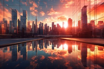 A futuristic cityscape with towering buildings made entirely of glass, reflecting a breathtaking sunset. Generative AI