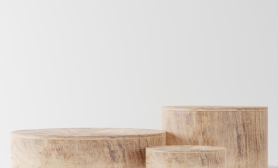 Wooden product display podium on white background. 3D rendering