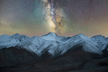 Arching Milky Way galactic center over the mountain at Pangong Lake or Pangong Tso, Ladakh, Jammu...