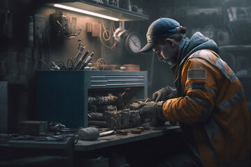 a mechanical engineer can be observed diligently working on the maintenance and repair of machines, embodying the essence of precision and efficiency. Generative AI.