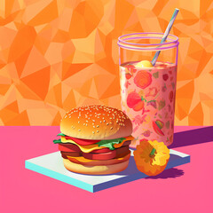 Fast food illustration of burger and soft drink