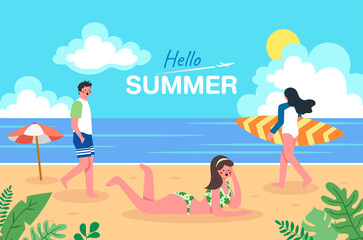 people on beach vector. man,woman, surf board, coconut tree, swimming suit, enjoy summer vacation, relax, chill have fun.