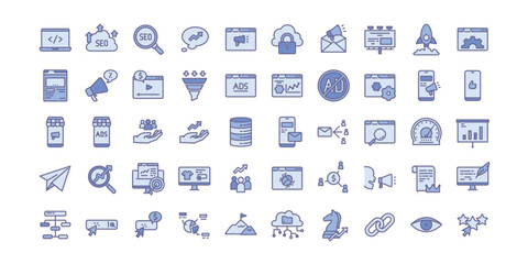 Set of SEO and Marketing icons. Contains icon such as email, marketing, SEO optimization, promotion, funneling, ads, landing page etc.
