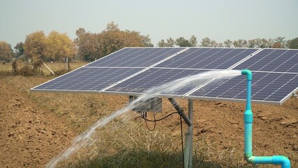 Solar panel for groundwater pump in agricultural field during drought by El Nino phenomenon. - obrazy, fototapety, plakaty
