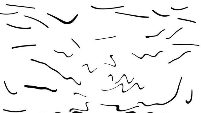 Short lines intensify their oscillation, and slow down the wave-like splash towards the end.