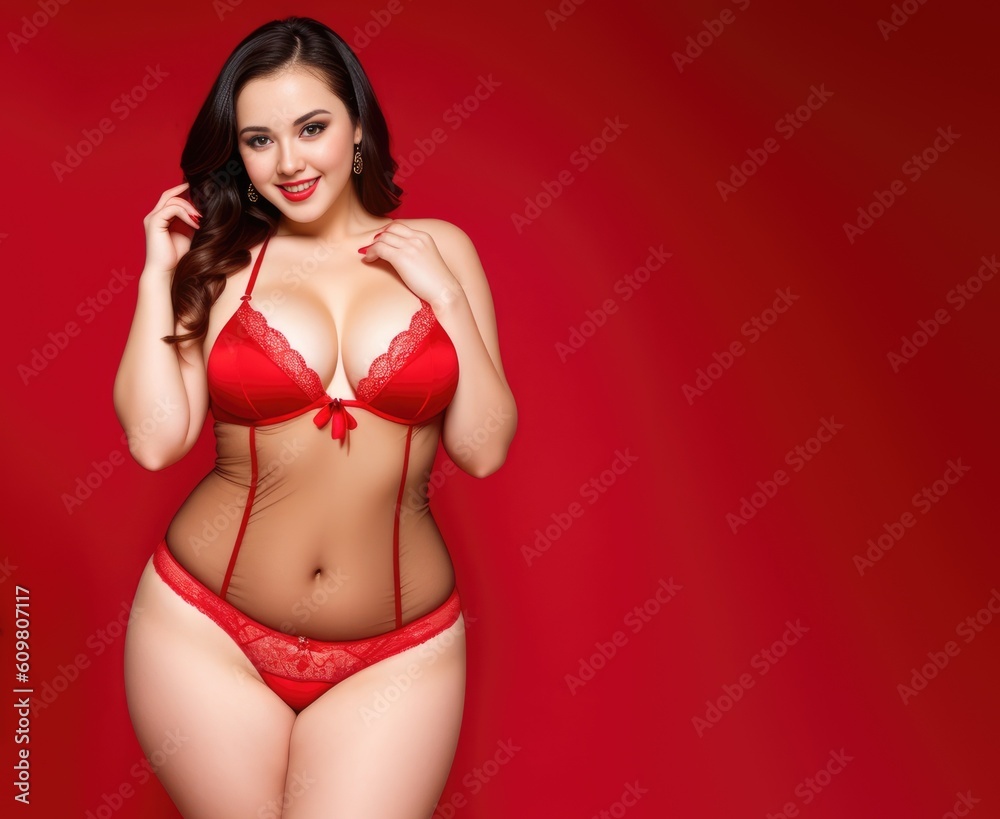 Wall mural plus size fashion model in red underwear. fat sexy woman in lingerie on red background. body positiv