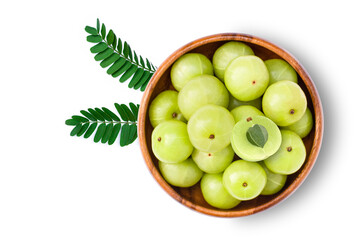 Indian gooseberry fruit isolated on white background. Top view. Flat lay.