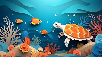 Card and poster scene of under the sea and ocean with fish and turtle.