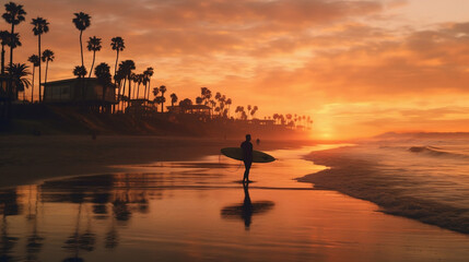 Fototapeta na wymiar silhouette of a surfer on the beach