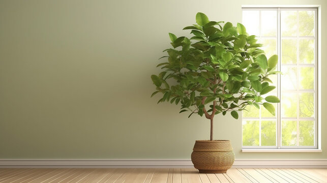 Clean blank sage green wall with tropical Indian fig. generative AI