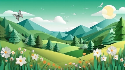Naklejka premium Green nature landscape scenery poster in paper cut style. 