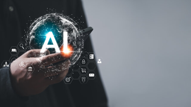 Man hand holding smart phone. artificial intelligence or AI of future innovation technology concept, applying technology to business in the digital icon. empowering global business AI robot.