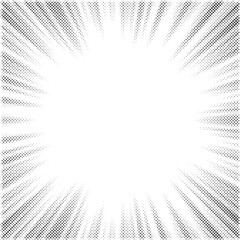 Radial halftone lines background. Comic manga dotted pattern. Cartoon zoom effect with sunrays or bang burst. Vector.