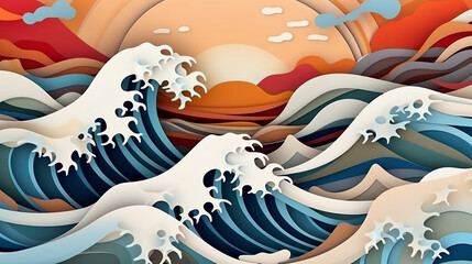 Modern paper cut art cartoon abstract waves background. Generative AI