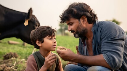 Portrait of a father and son feeding grass to cows on a cattle farm, Generative AI