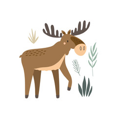 Elk print or card. Hand drawn cartoon scandinavian forest animal, hey wild lettwring text, cute scandi poster, kids t-shirt and nursery design. Woodland doodle style, vector isolated illustration