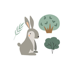 Vector illustration with a cute hare surrounded by forest elements on a white background for your design.