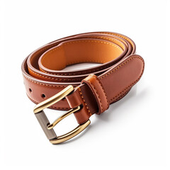 Men's leather belt isolated on white background. Made from animal skin that has been treated and sewn well. Plate strap head made of metal with a classic design.