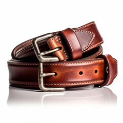 Men's leather belt isolated on white background. Made from animal skin that has been treated and sewn well. Plate strap head made of metal with a classic design.