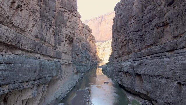 Aerial Shot Flying Through Santa Elena Canyon in Big Bend National Park in Texas. Drone Shoot. Pushing back through Santa Elena Canyon