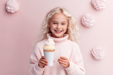 Fototapeta na wymiar Cute girl kid holding ice cream milkshake against pastel pink background. Summer time refreshing food drink concept. Generated AI.