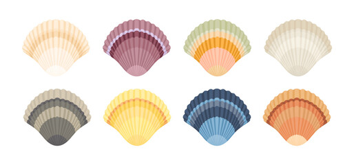 Colorful Scallop seashell set. Vector flat cartoon illustration.