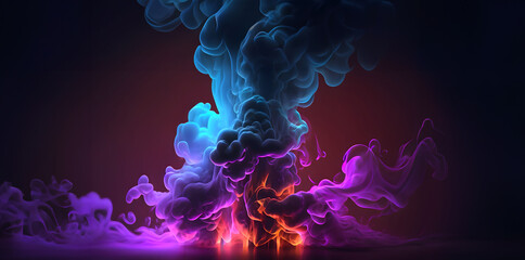 Creative background composition. Multicoloured Colourful swirled clouds of smoke abstract on dark background .  Mock up template for product presentation. copy text space