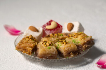 baklava and Turkish delight on a plate, close-up