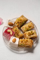 Oriental sweets, baklava and Turkish delight on a plate