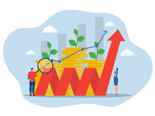 Team business analyst stock market,investment growing .finance and economy profit with coins  flat vector illustration