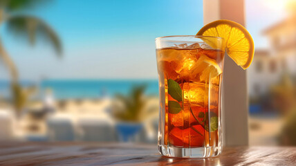 A refreshing summer cocktail on blur beach backdrop with golden sunshine, Generated by AI.