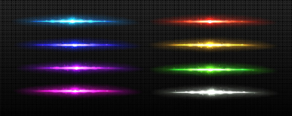 Horizontal sparkle divider line with glow effect in blue, red, yellow and purple. Bright laser ray vector streak on transparent background. Isolated special energy explosion and glitter. Shiny overlay