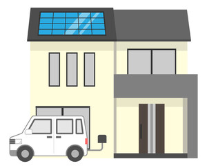 太陽光パネルが付いているシンプルな住宅と電気自動車