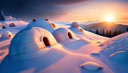 Fototapeta na wymiar Igloo houses covered in snow in hill slopes, created with Generative AI.