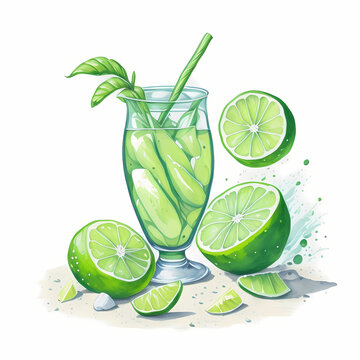 Lime juice on beach watercolor detailed on white background AI Generate