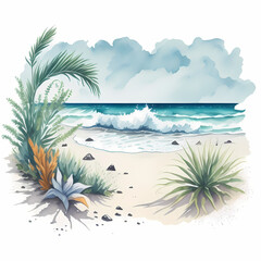 Summer tropical beach with coconut tree and wave. Hand drawn watercolor illustration AI Generate