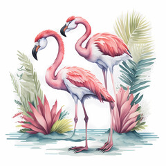 Flamingo birds on beach watercolor detailed on white background AI Generate