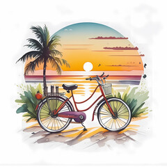 bicycle with flowers on beach watercolor detailed on white background AI Generate - 609812967