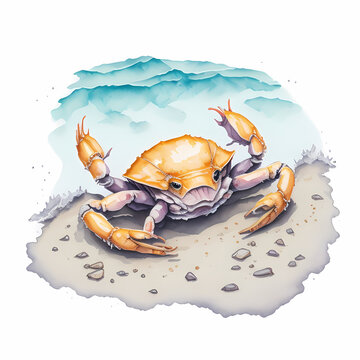 Baby crab on beach watercolor detailed on white background AI Generate