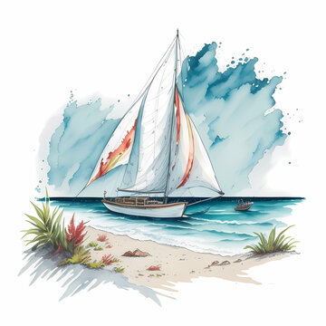 Sailboat on beach watercolor detailed on white background AI Generate