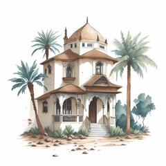 House Arab watercolor detailed. Exterior of a residential house in Arab on white background AI Generate - 609813343